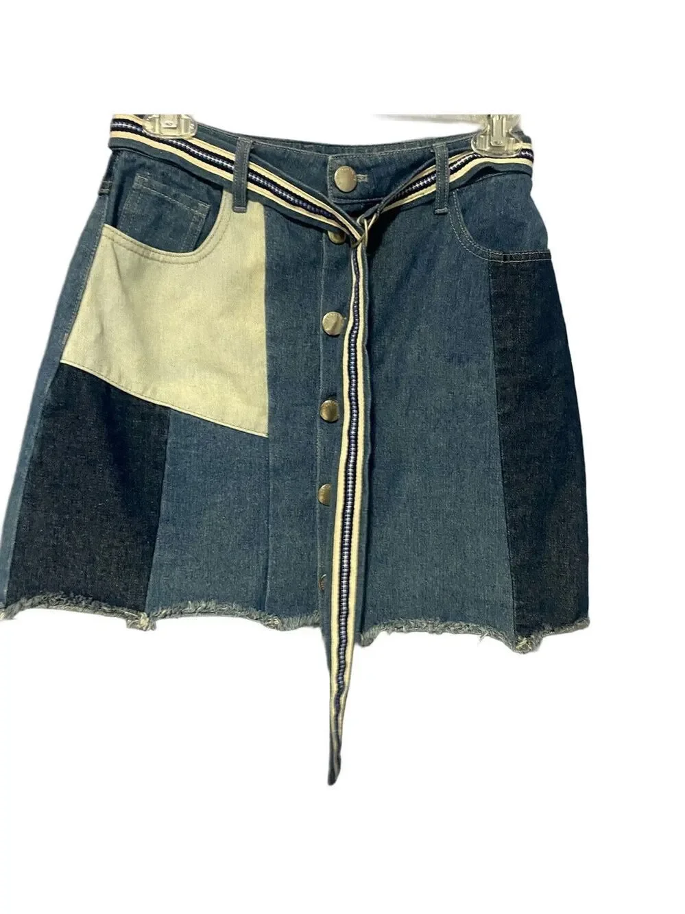 SUNCOO Paris Belted Button Front Denim Mini Skirt Parisian Chic Size 0